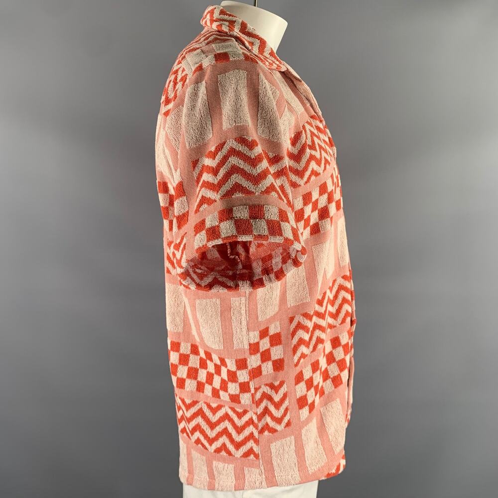OAS Size L Orange White Abstract Terry Camp Short Sleeve Shirt - Picture 3 of 6